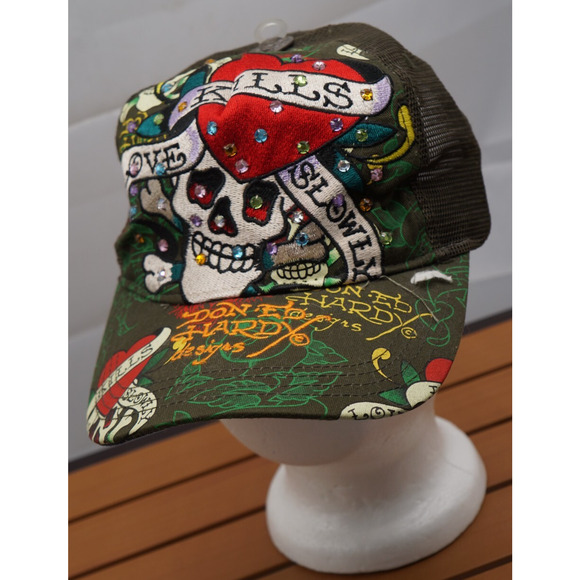 Love Kills Slowly Ed Hardy Designs Trucker Hat Cap Adjustable Snapback - Picture 2 of 8